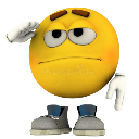 Yellow smiley face with a bored expression performing a lazy salute while wearing gray shoes.
