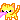 A yellow pixel kitten pulling on a pink object with its teeth while looking feisty.