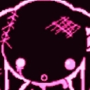 Stitched plushie character with a neon pink outline and glowing eyes on a black background.