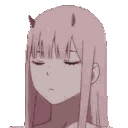Zero Two from Darling in the Franxx rests her chin on her hand while looking skeptically at the viewer.
