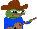 Pepe the Frog wearing a brown cowboy hat and blue shirt playing a guitar with a suspicious expression.
