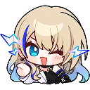 Anime girl with blonde hair winks with a happy expression while surrounded by small electric sparks.