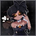 Cyn from Murder Drones with glowing orange eyes and a black dress, gesturing a heart shape with her hand.