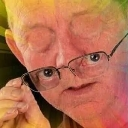 Distorted face of an older man looking over his glasses with a suspicious and confused expression.