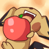 Pichu character happily chewing and eating a large red apple.