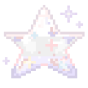 A white pixel art star with small colorful sparkles around it.