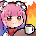 Anime girl with pink hair sitting calmly with a coffee mug while a fire burns in the background.