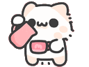 A cute white cat brewing and drinking a pink cup of tea with a happy expression.
