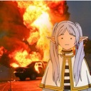 Frieren with a blank expression standing in front of a large fiery explosion.