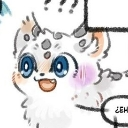 A fluffy white creature with large blue eyes and a question mark above its head looking confused.