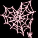 A pink heart-shaped spider web with a small spider hanging from the bottom corner against a black background.