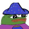 Pepe the Frog wearing a blue wizard hat with stars and a purple robe, looking sad with watery eyes.