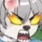 Anthropomorphic character with gray fur screaming with bright yellow flaming eyes.