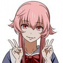 Yuno Gasai with pink hair and red eyes making a peace sign gesture with both hands while smiling.