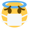 A yellow smiley face wearing a blue halo and a white medical face mask.