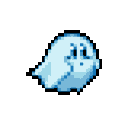 Kirby in a ghost form floating with a cute expression.