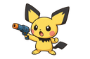 Pichu holding a small blue gun with a serious and determined expression.