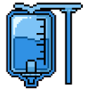 IV bag filled with blue liquid hanging on a stand in pixel art style.