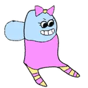 A blue cartoon character with a pink dress and bow wearing a wide, smug, toothy grin.