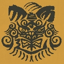 Lion dance mask in black line art on a gold background.