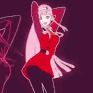 Zero Two dancing rhythmically in a red outfit against a dark background.
