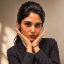 Young woman with dark hair wearing a blazer makes a pouty face while framing her cheeks with her hands.
