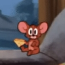 Jerry Mouse holding a piece of cheese with a shocked expression on his face.