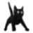 A black cat silhouette spinning in multiple directions with glowing white eyes.