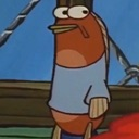A brown fish character from SpongeBob SquarePants looking to the side with a suspicious and judgmental expression.