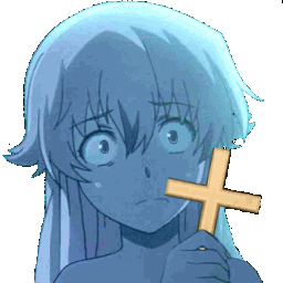 Yuno Gasai with a terrified expression holding a small wooden cross.