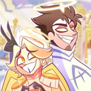 Adam and Lute from Hazbin Hotel smiling with smug, mischievous expressions.