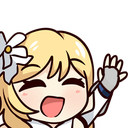 Lumine with blonde hair and a flower accessory waving her hand with a wide, happy smile.
