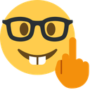 Nerd face emoji wearing black glasses and buck teeth while giving the middle finger with an orange hand.