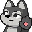 A cartoon wolf with a gray face and black fur holding up a paw in a stop gesture with a smug, dismissive expression.