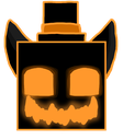 Jack-o'-lantern character with a glowing orange face and top hat wearing a sinister grin.