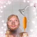 Ed Sheeran with a distorted face holds a corn dog in a sparkly pink heart frame.