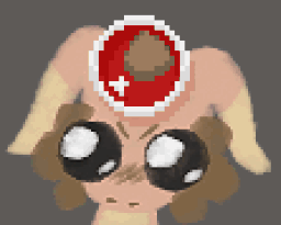 A cute pixel creature with large eyes and a piece of meat floating above its head.