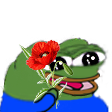 Peepo the frog holding a red poppy flower with a gentle expression.