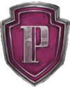 A metallic shield-shaped badge with a silver letter P on a purple background.
