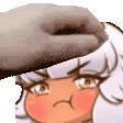 Anime girl with a pouty expression receiving a firm head pat from a hand.