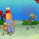 Squidward appearing as a skeleton while other fish characters look on in shock.