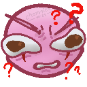 Pink blob character with a frustrated expression surrounded by red question marks.