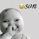 Baby with a hand near their mouth looking smug with a crying emoji and the word son above them.