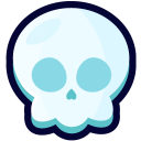 A stylized blue skull with large empty eye sockets and a small nose cavity.