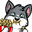 A cartoon husky puppy with a full mouth happily eating from a red and white striped bucket of popcorn.