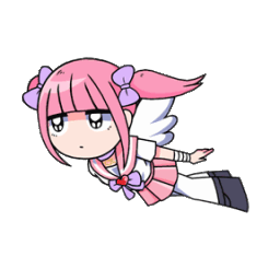 Menhera-chan with pink hair and angel wings flying through the air with a deadpan expression.