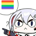 A chibi anime character with a smug expression pointing at a rainbow flag in a speech bubble.