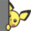 Pichu peeking out from behind a gray wall with a curious expression.