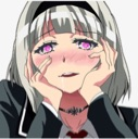 Anime girl with white hair and pink eyes blushing with hands on her cheeks.