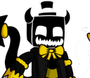 A dark shadow creature with a top hat, bow tie, and a wide, sharp golden-toothed grin.